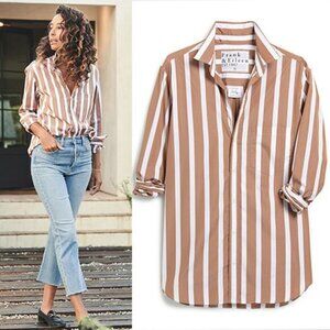 NEW Frank & Eileen Joedy Cotton Wide Stripe Button-Up Top Camel Size: Small
